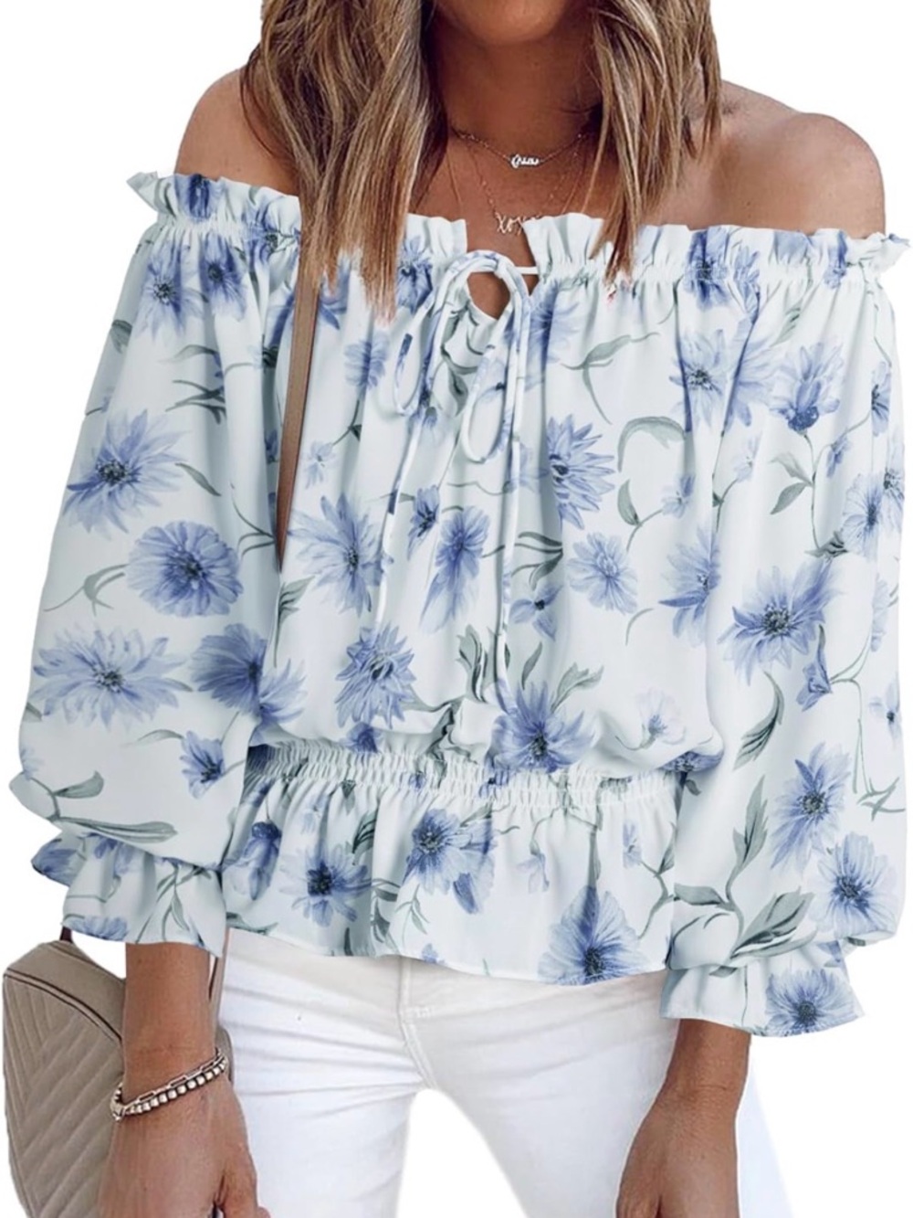 Off-Shoulder Blue Floral Peasant Top - Women's